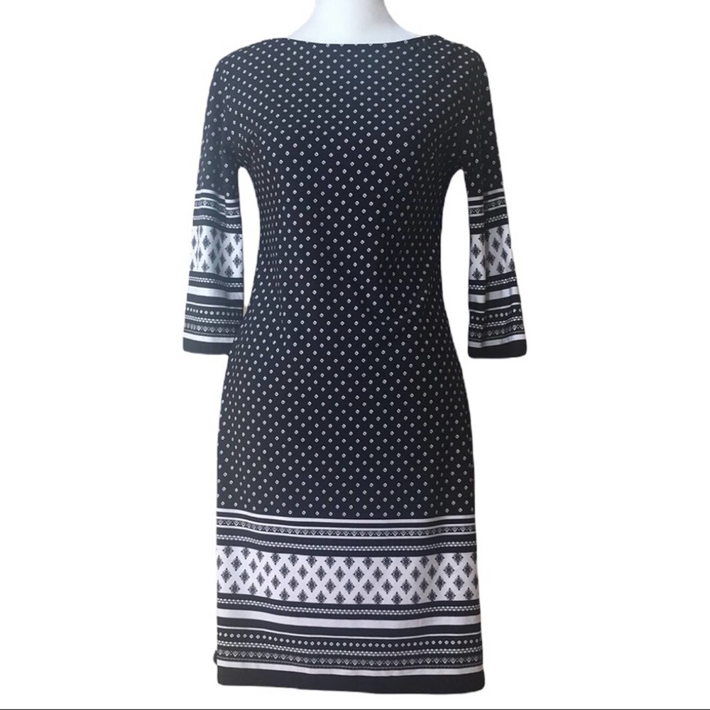 Primark Dress Womens 4 Black & White Diamond Print Boatneck 3/4 Sleeves‎ Midi